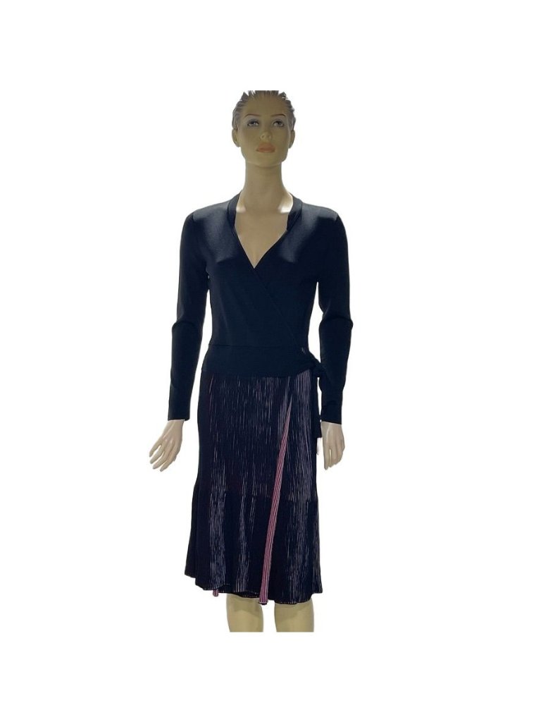 Nic+Zoe Black Wrap Midi Dress With Pleated Skirt & Striped Detail Womens Small